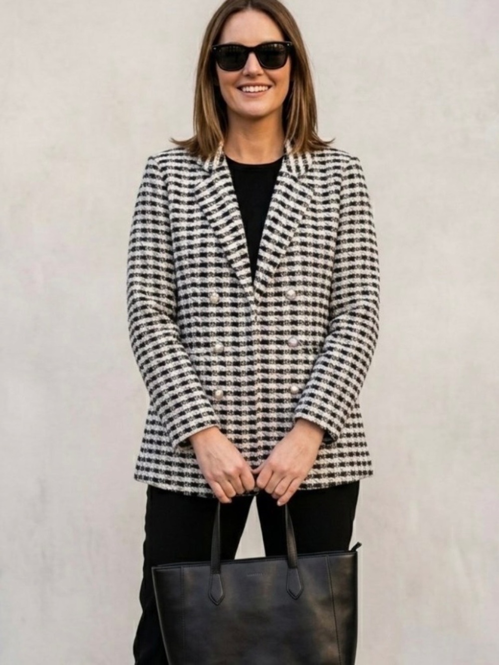 Messini Metallic Tweed Open Double Breasted Black/White Houndstooth Sz.L Jacket